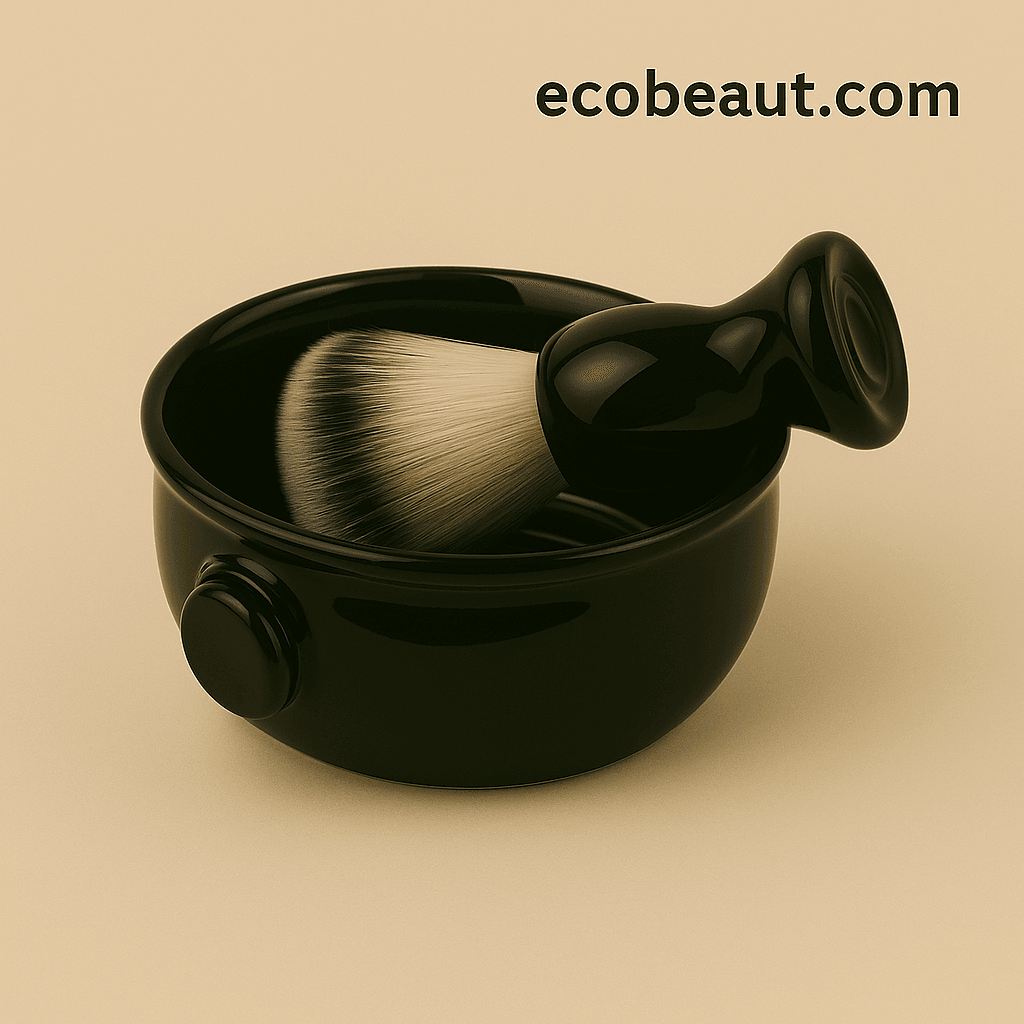Black ceramic shaving bowl with soft-bristled brush on beige background featuring ecobeaut.com – minimalist product display.