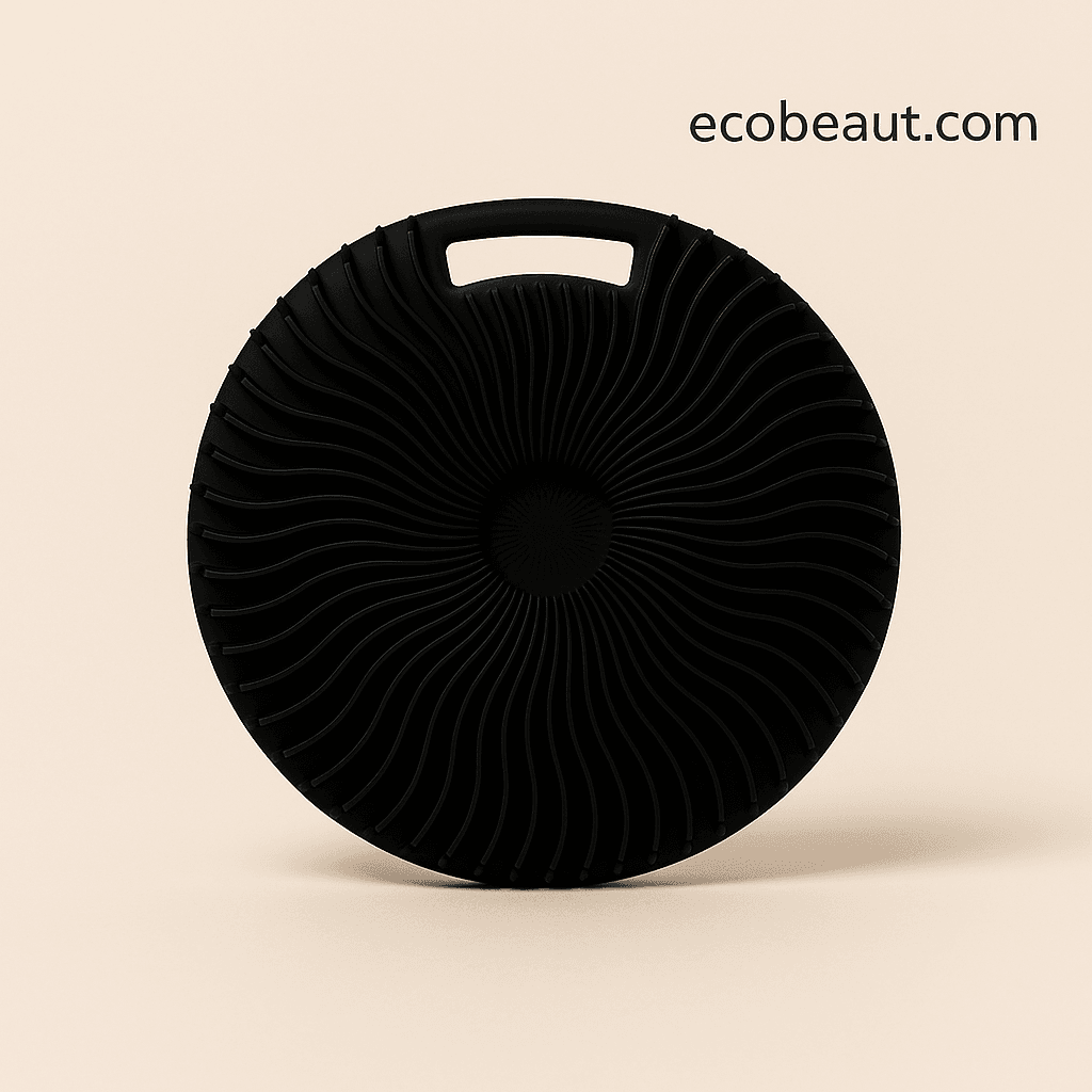 Black silicone body scrubber with ergonomic handle and textured ripple design, presented on soft beige background with ecobeaut.com branding in the top right – minimal skincare product image for organic and eco-friendly store