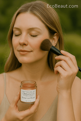 Blonde woman applying Butter Me Up Organics Botanical Blush outdoors with makeup brush, natural organic blush for healthy glow, EcoBeaut.com branding