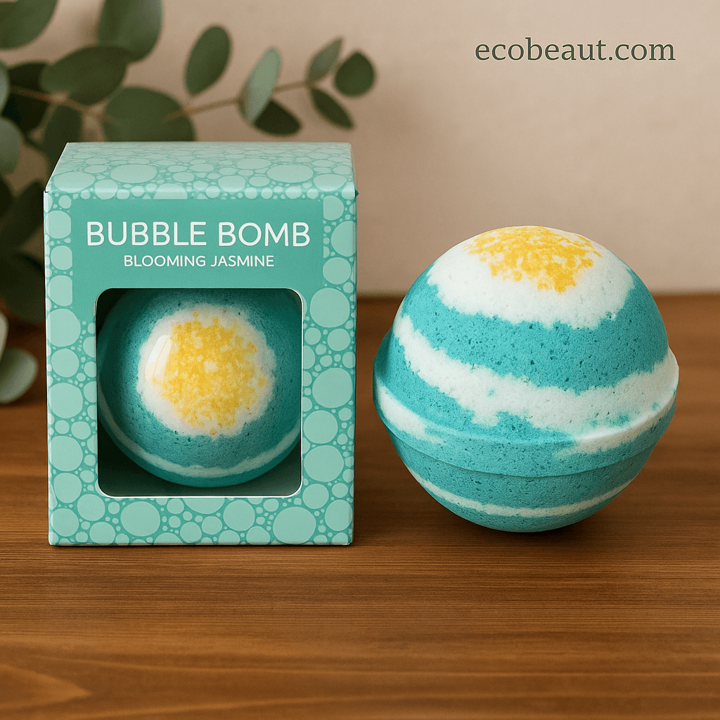 Blooming Jasmine Bubble Bomb with turquoise and white layers next to its mint green box on a wooden surface, ecobeaut.com