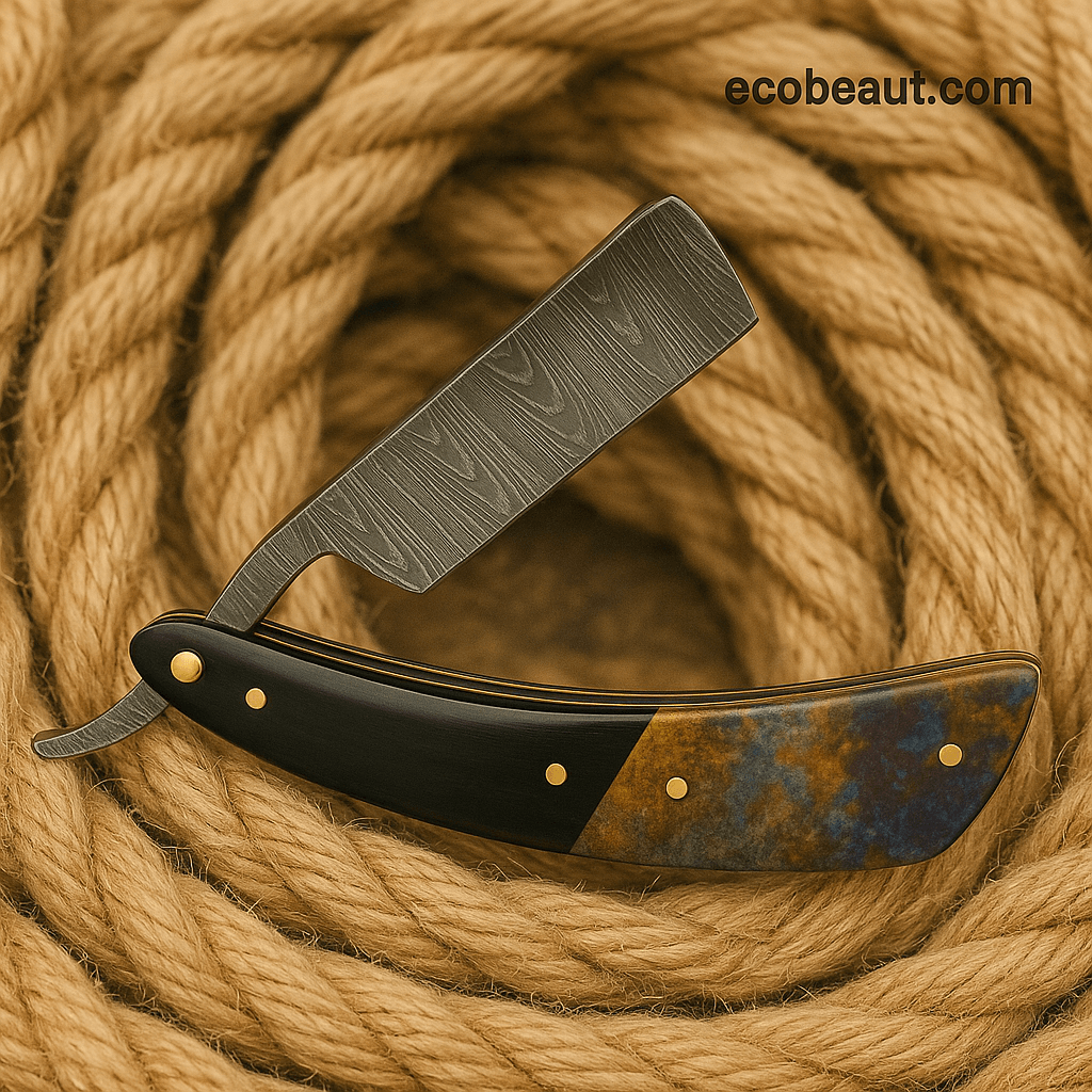 Boogie Blade straight razor lying on thick, coiled natural rope, featuring a Damascus steel blade and multicolored handle with ecobeaut.com branding in the top-right corner.