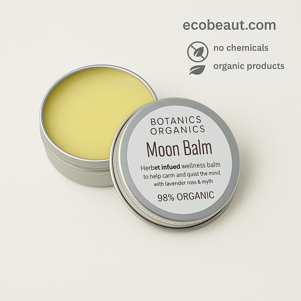 Botanics Organics Moon Balm in an open silver tin, labeled '98% organic' with 'no chemicals' and 'organic products' badges, ecobeaut.com