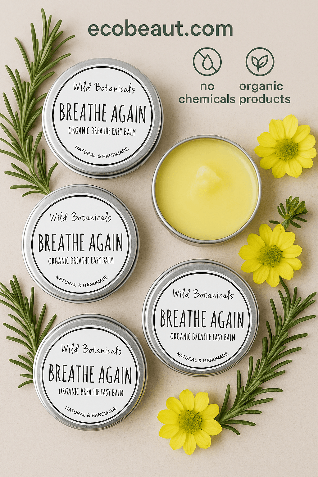 Breathe Again organic chest balm by Wild Botanicals with rosemary and yellow flowers – eco-friendly natural product from ecobeaut.com
