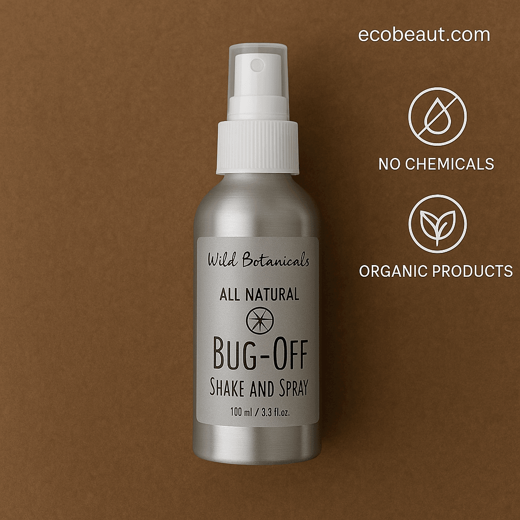 Bug-Off Shake and Spray aluminum bottle displayed on a plain brown background with no chemicals and organic products icons and ecobeaut.com URL in the top right.