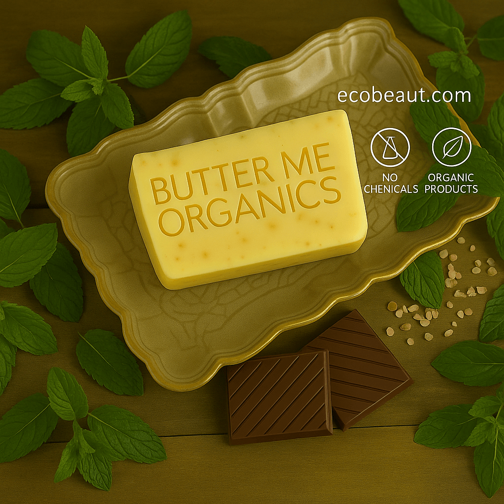 Butter Me Organics soap bar on a ceramic dish with mint leaves, chocolate squares, and pink salt on a wooden background, featuring “NO CHEMICALS” and “ORGANIC PRODUCTS” icons and ecobeaut.com in the top right corner.




