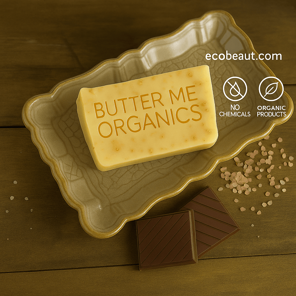 Butter Me Organics soap bar on ceramic dish with pink salt and chocolate squares, featuring “NO CHEMICALS,” “ORGANIC PRODUCTS” icons, and ecobeaut.com branding in the top right corner.



