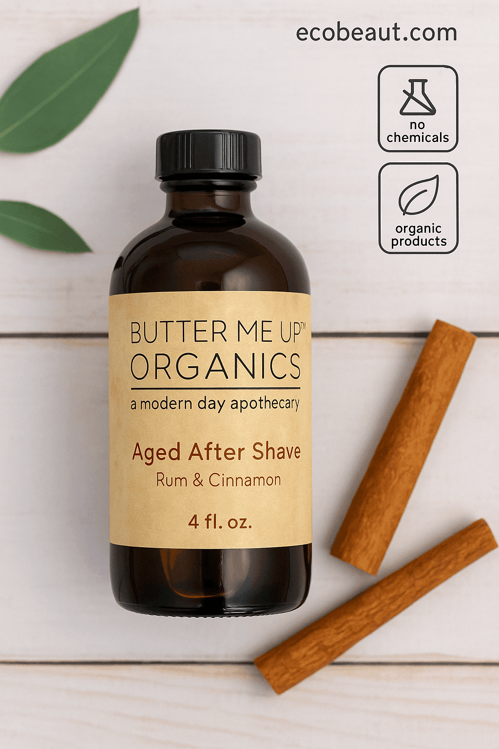 Butter Me Up Organics Aged After Shave with rum and cinnamon on rustic wood background – natural post-shave care from ecobeaut.com