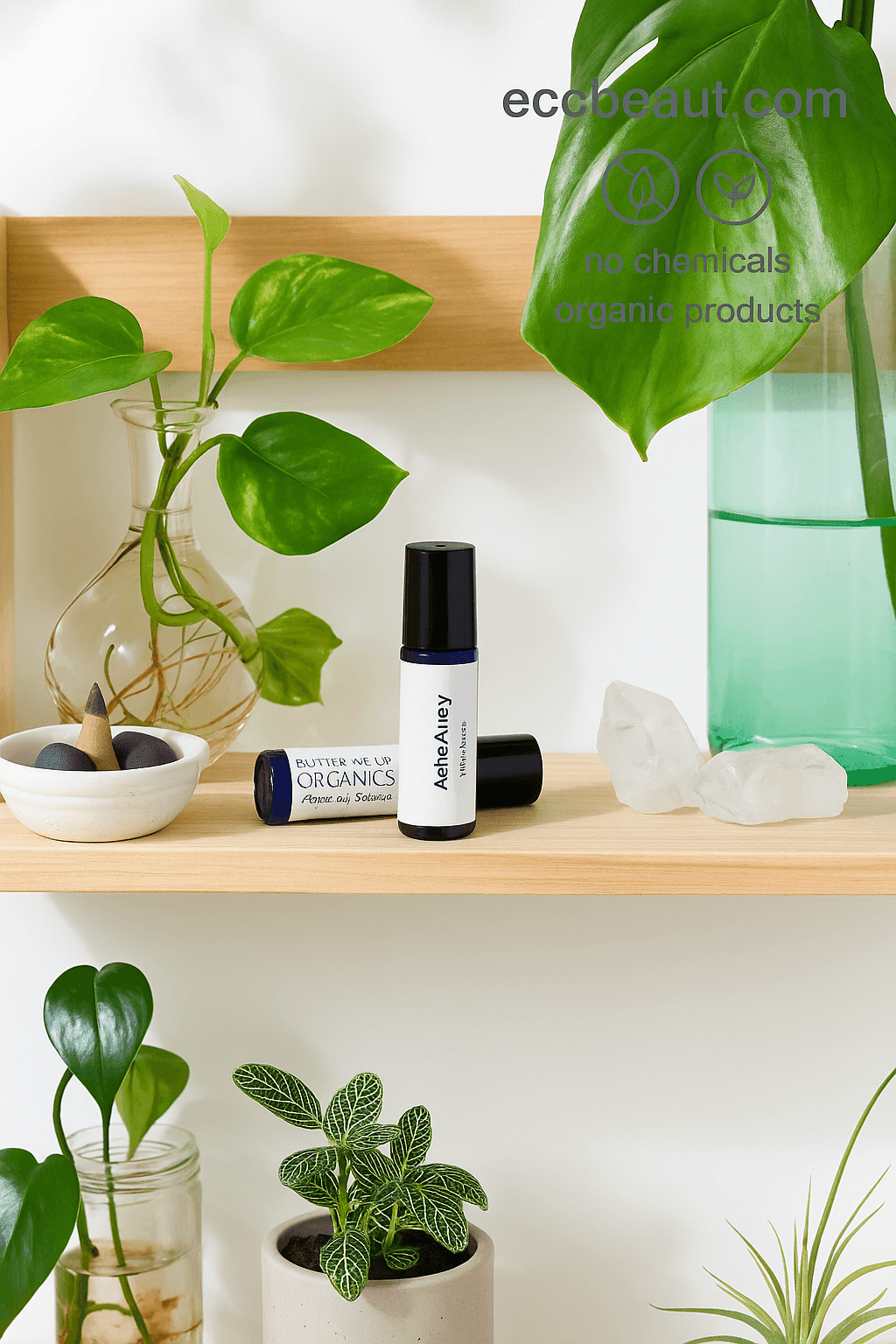 Butter Me Up Organics Allergy Oil roll-on displayed on wooden shelf with green plants and crystals, labeled no chemicals and organic products – natural essential oil USA