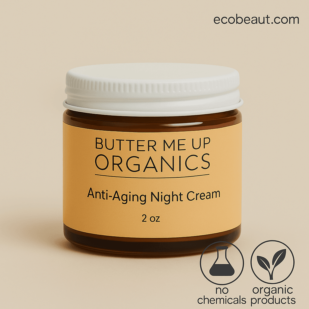 Butter Me Up Organics Anti-Aging Night Cream in amber glass jar with white lid on beige background, labeled ecobeaut.com – no chemicals, organic products