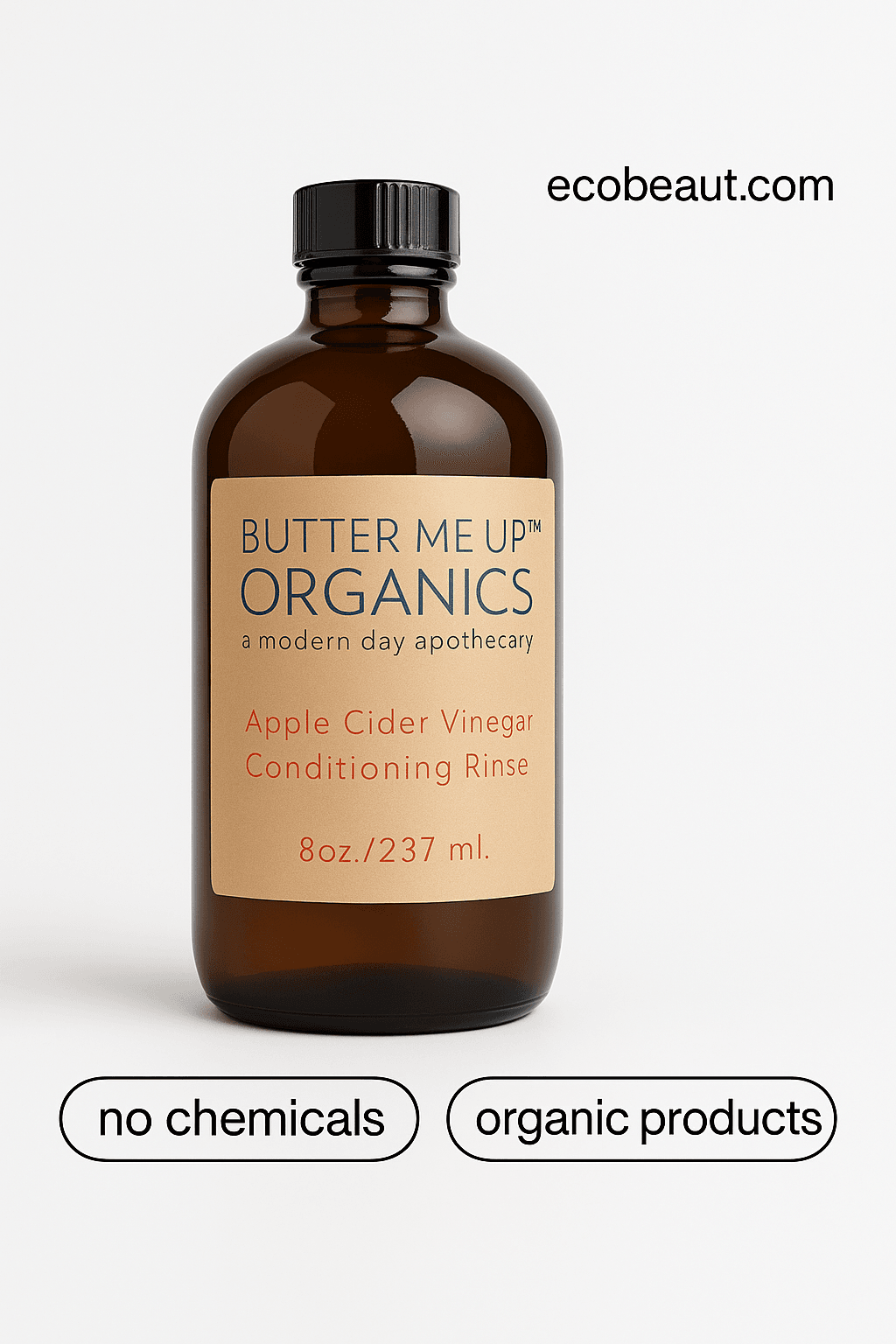 Butter Me Up Organics Apple Cider Vinegar Conditioning Rinse bottle on a white background with “no chemicals,” “organic products” icons at the bottom and ecobeaut.com in the top right corner.





