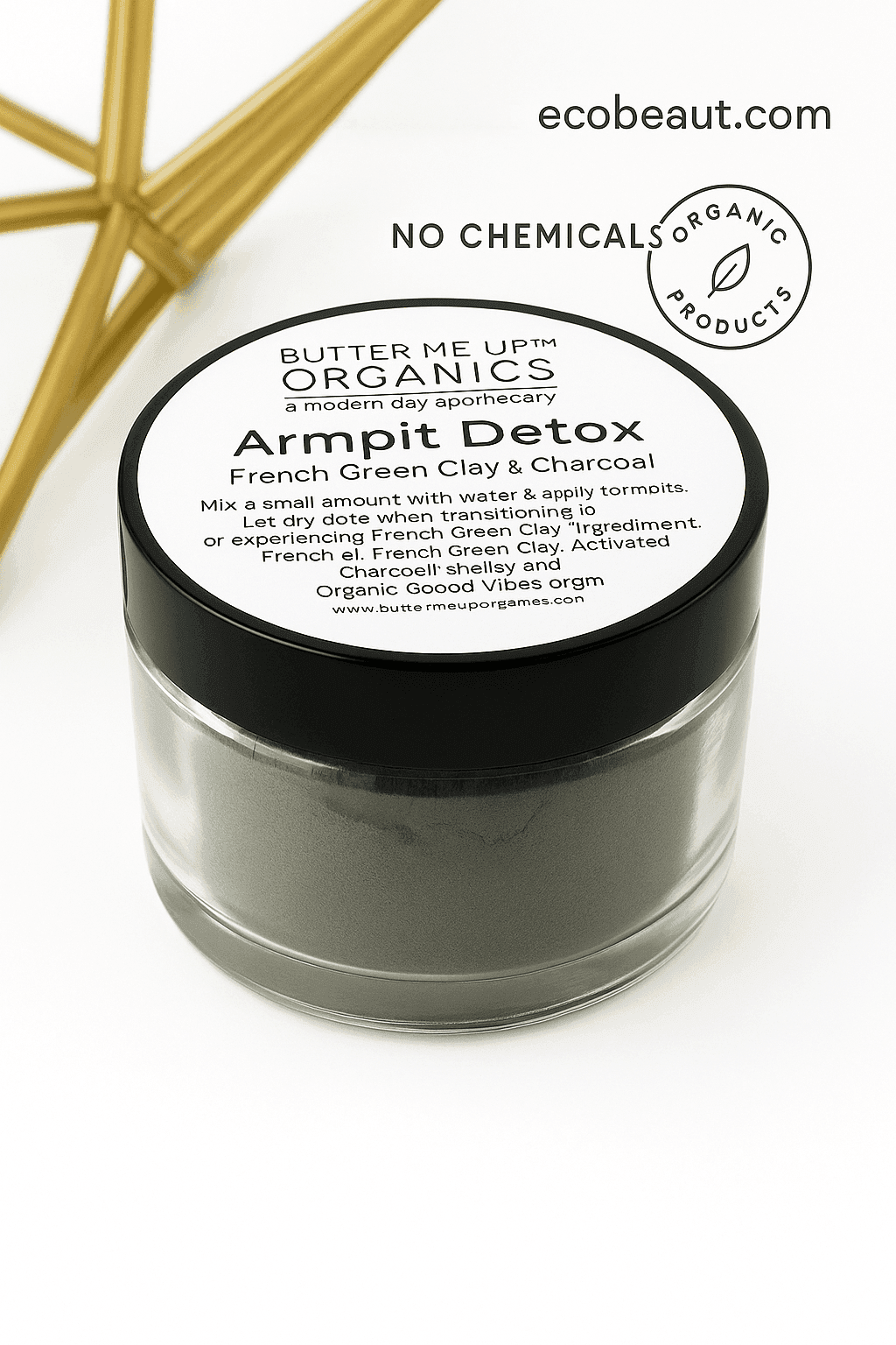 Butter Me Up Organics Armpit Detox jar on white background with black lid, organic badges, and ecobeaut.com in the top right corner.