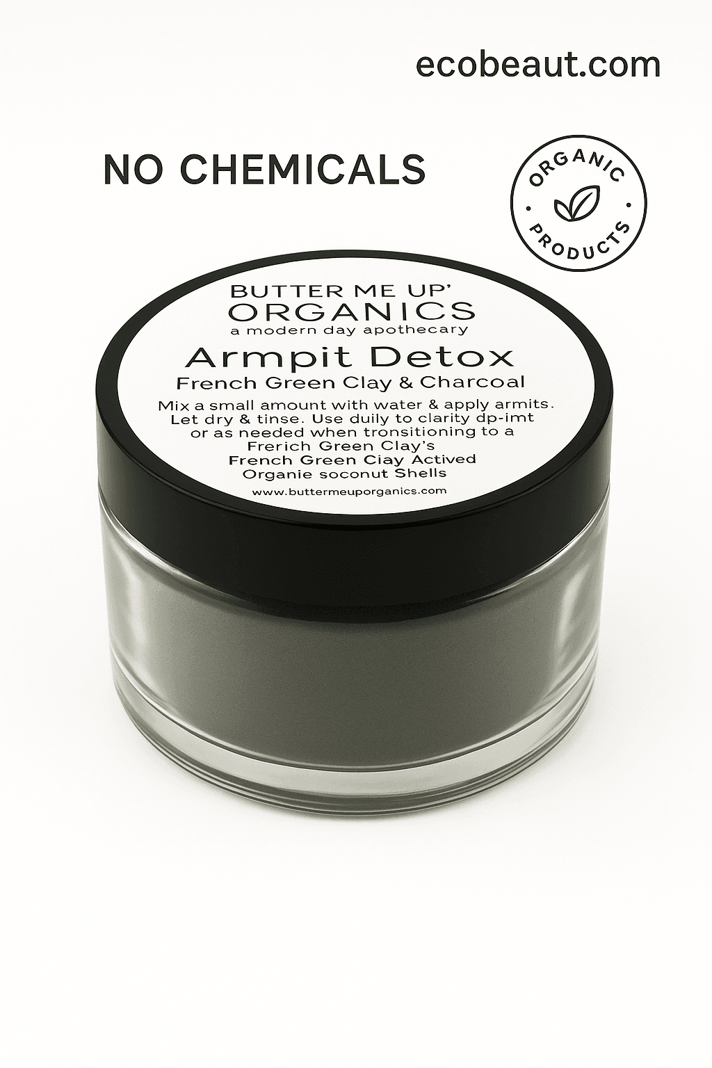 Butter Me Up Organics Armpit Detox jar with black lid on a plain white background, eco labels, and ecobeaut.com in the top right corner.