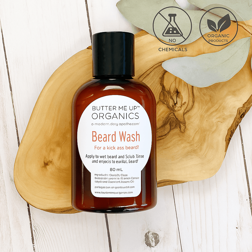 Butter Me Up Organics Beard Wash bottle on wooden tray with eucalyptus leaves – no chemicals, organic grooming product from ecobeaut.com