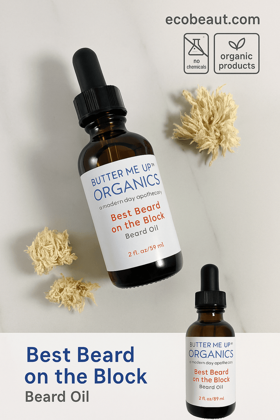 Butter Me Up Organics Best Beard On the Block beard oil bottle on marble surface with dried flowers – organic grooming product from ecobeaut.com
