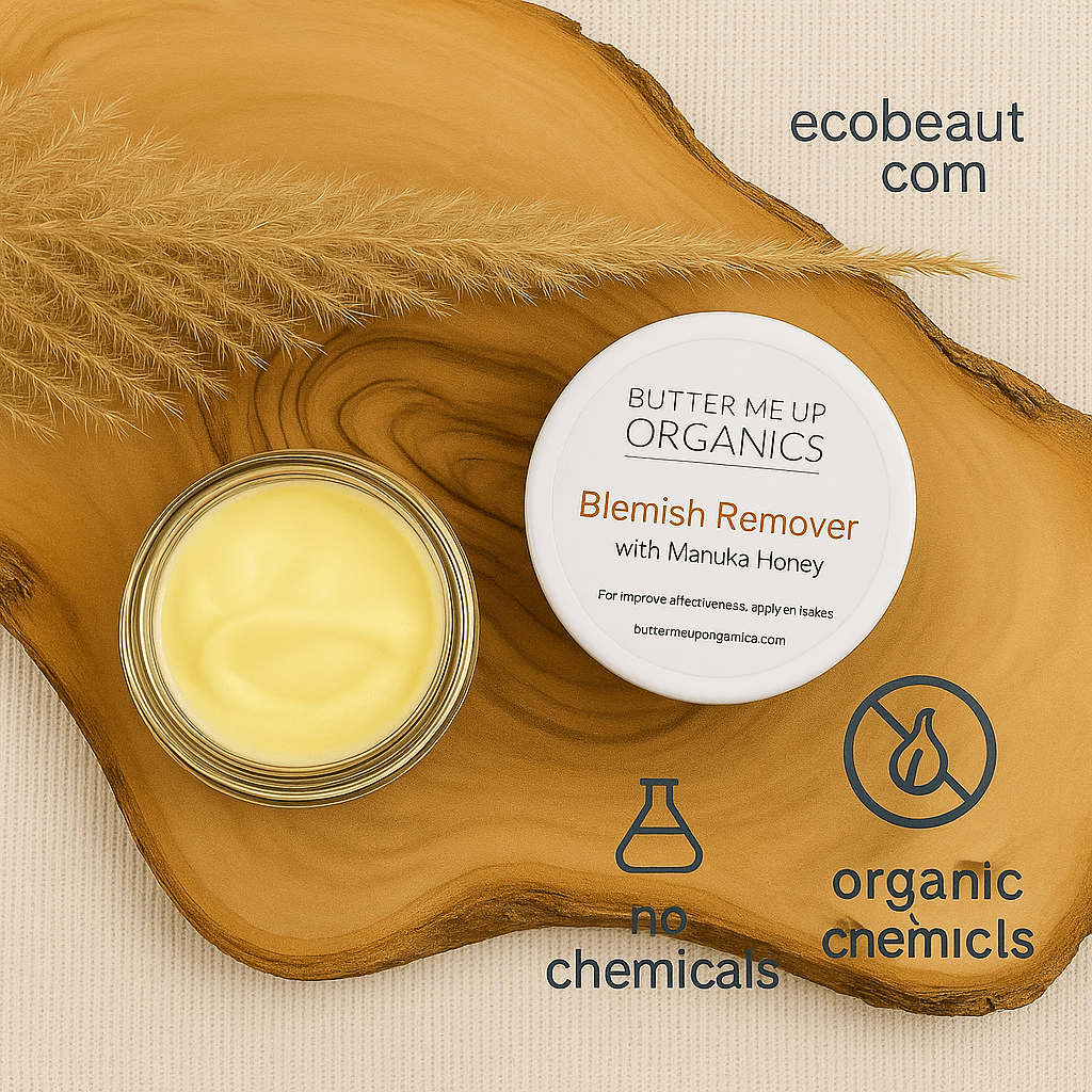 "Butter Me Up™ Organics Blemish Remover with Manuka Honey presented on a wooden surface with pampas grass, featuring eco-labels 'no chemicals', 'organic products', and website ecobeaut.com in the top right corner, emphasizing natural skincare"