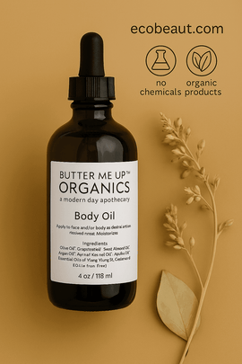 Butter Me Up Organics Body Oil bottle with clean label placed on warm beige surface, accompanied by dried plants, ecobeaut.com and eco-friendly icons visible above