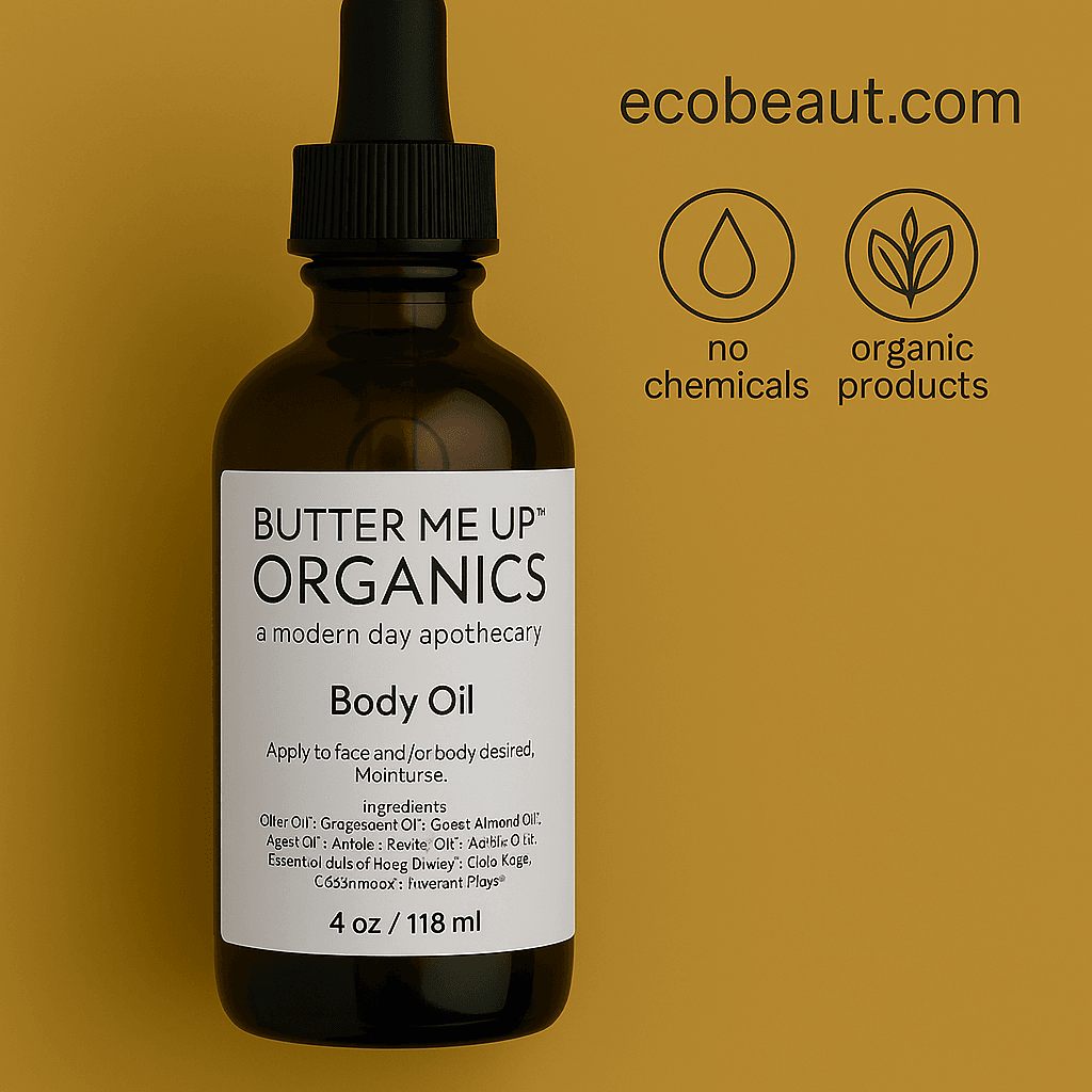 Butter Me Up Organics Body Oil in amber glass bottle on mustard background with ecobeaut.com, no chemicals and organic products icons in the corner
