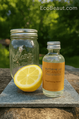 Butter Me Up Organics Brightening Toner with lemon, glass jar, and natural outdoor background, eco-friendly organic skincare product highlighted with EcoBeaut.com branding