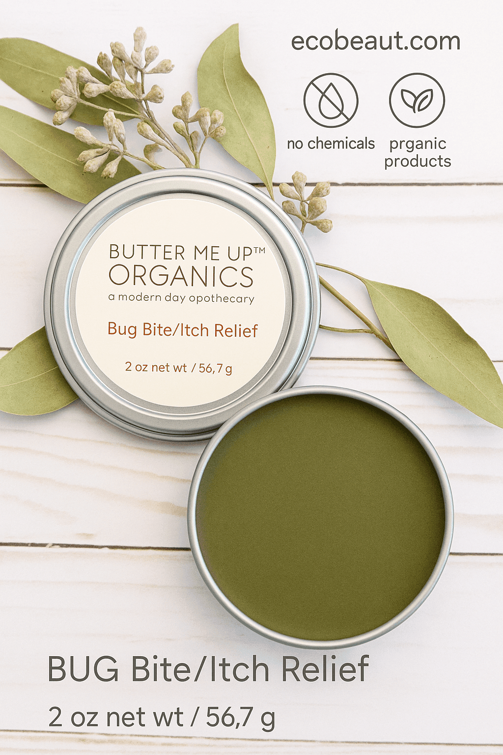 Butter Me Up Organics Bug Bite/Itch Relief balm tin displayed on a white wooden background with eucalyptus leaves, eco labels “no chemicals,” “organic products,” and ecobeaut.com in the top right corner.