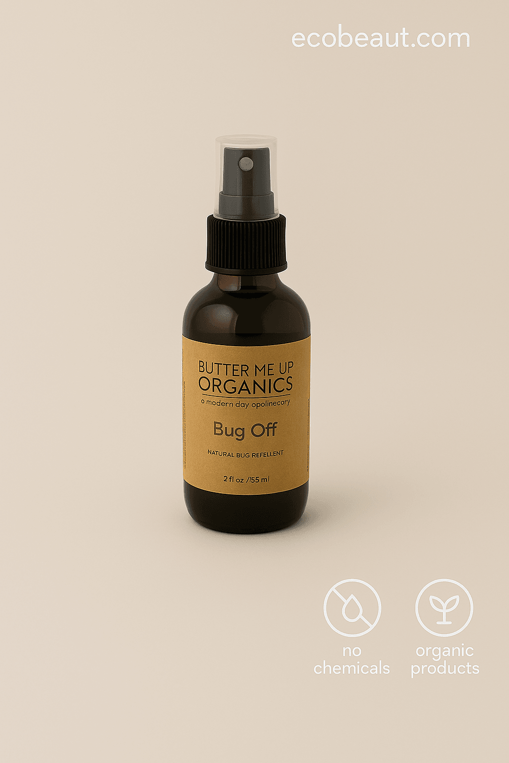 Butter Me Up Organics Bug Off spray bottle on a plain beige background with no props, featuring eco labels “no chemicals,” “organic products,” and ecobeaut.com in the top right corner.





