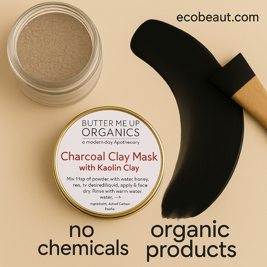 "Butter Me Up Organics Charcoal Clay Mask applied by a young woman with brush – eco skincare scene with no chemicals, organic products, and ecobeaut.com branding in top corner"