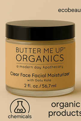 Butter Me Up Organics Clear Face Facial Moisturizer with Gotu Kola, 2 fl. oz. / 56.7 ml – organic skincare product with no chemicals, labeled ecobeaut.com