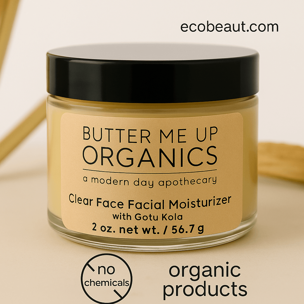 Butter Me Up Organics Clear Face Facial Moisturizer with Gotu Kola in a glass jar – eco-friendly presentation with organic product labels and ecobeaut.com in the top-right corner