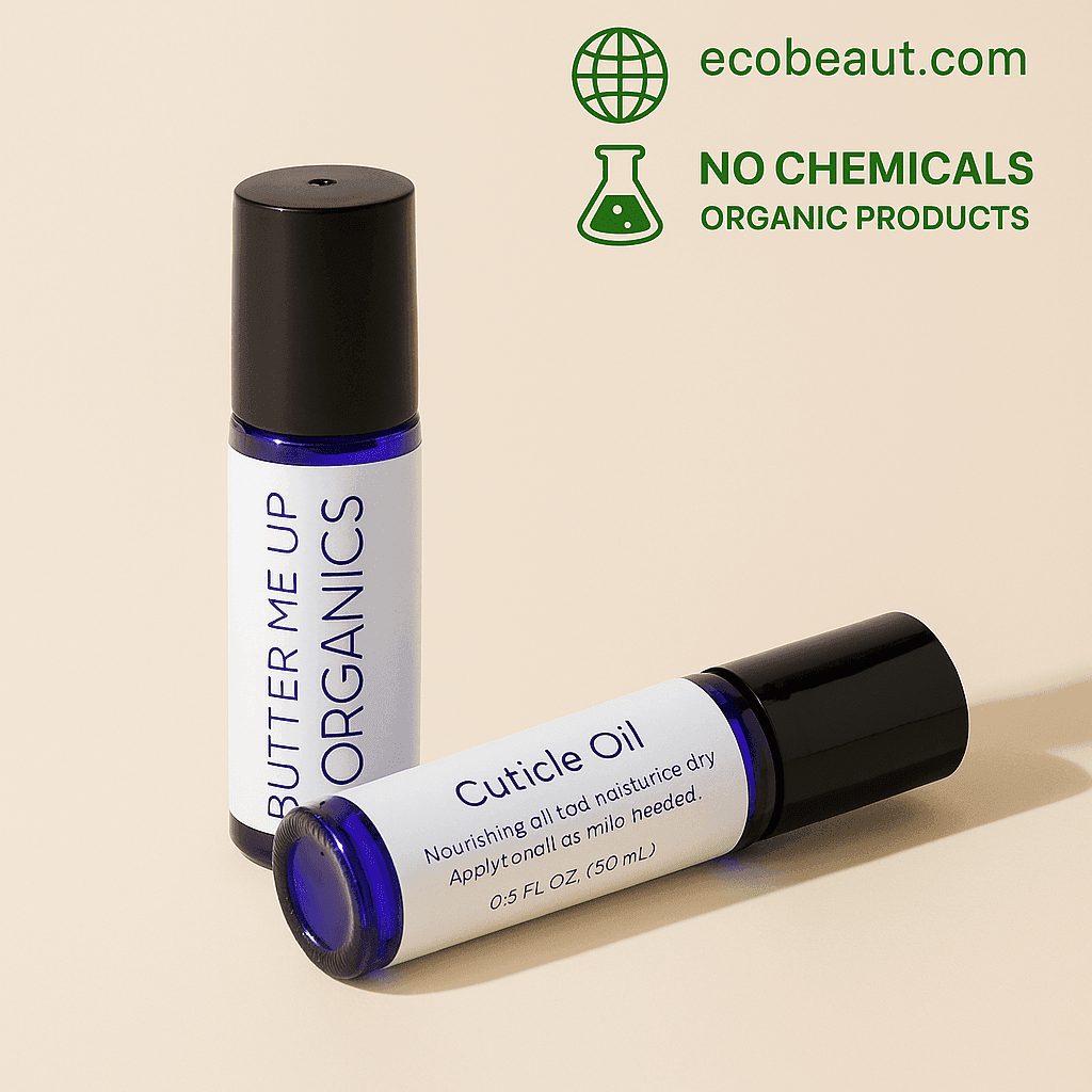 Butter Me Up Organics Cuticle Oil and roll-on bottle on beige background. Organic, chemical-free nail care products with ecobeaut.com branding in the top corner.