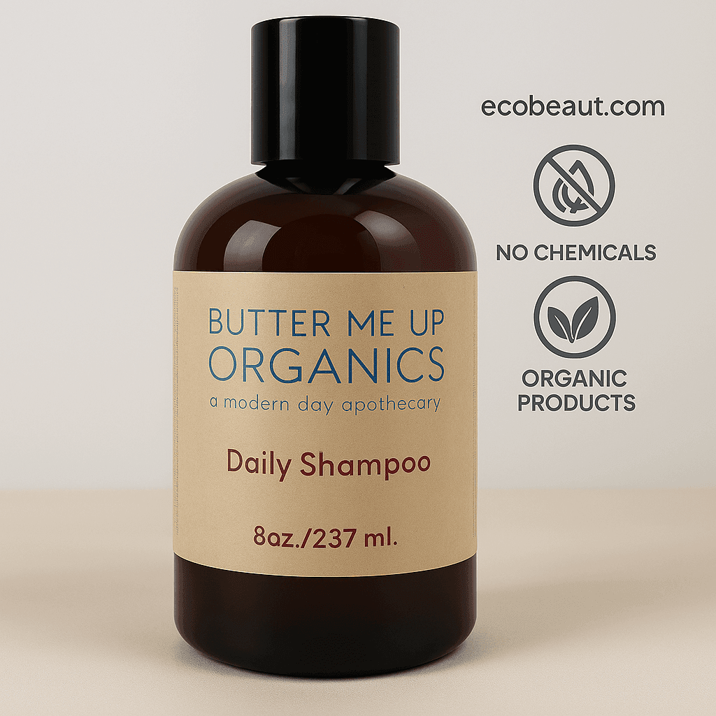 Butter Me Up Organics Daily Shampoo bottle with ecobeaut.com in the top right corner, alongside No Chemicals and Organic Products labels.