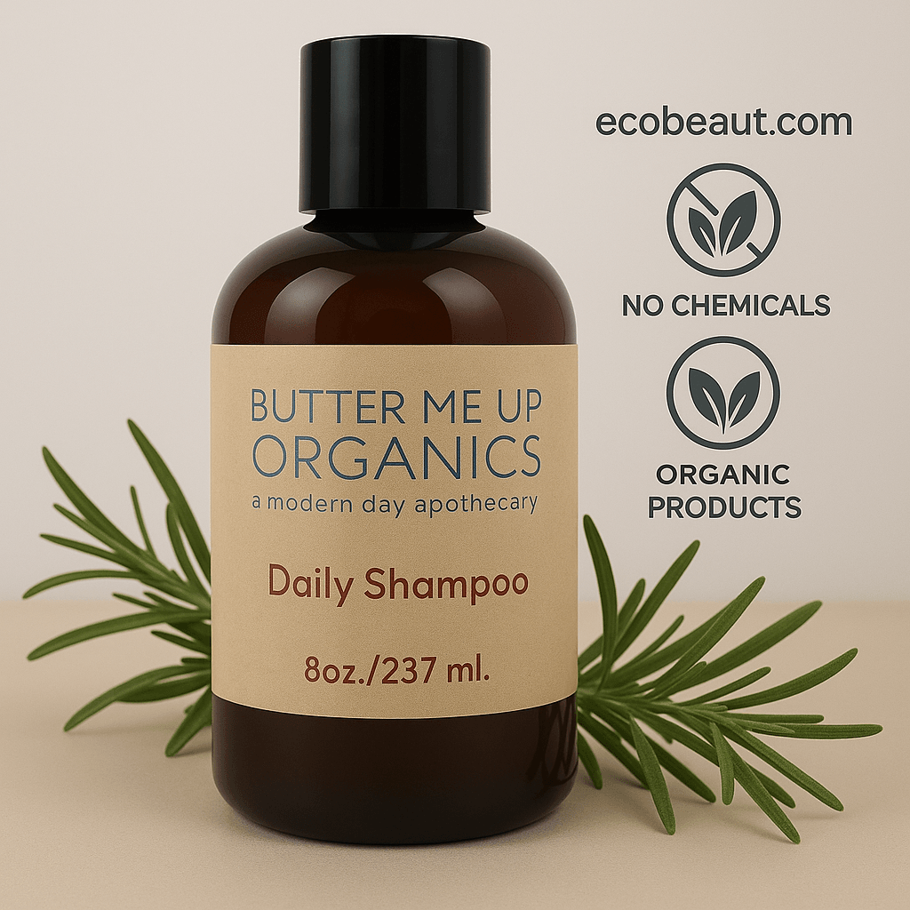 Butter Me Up Organics Daily Shampoo bottle with rosemary sprigs, ecobeaut.com, No Chemicals, Organic Products labels.