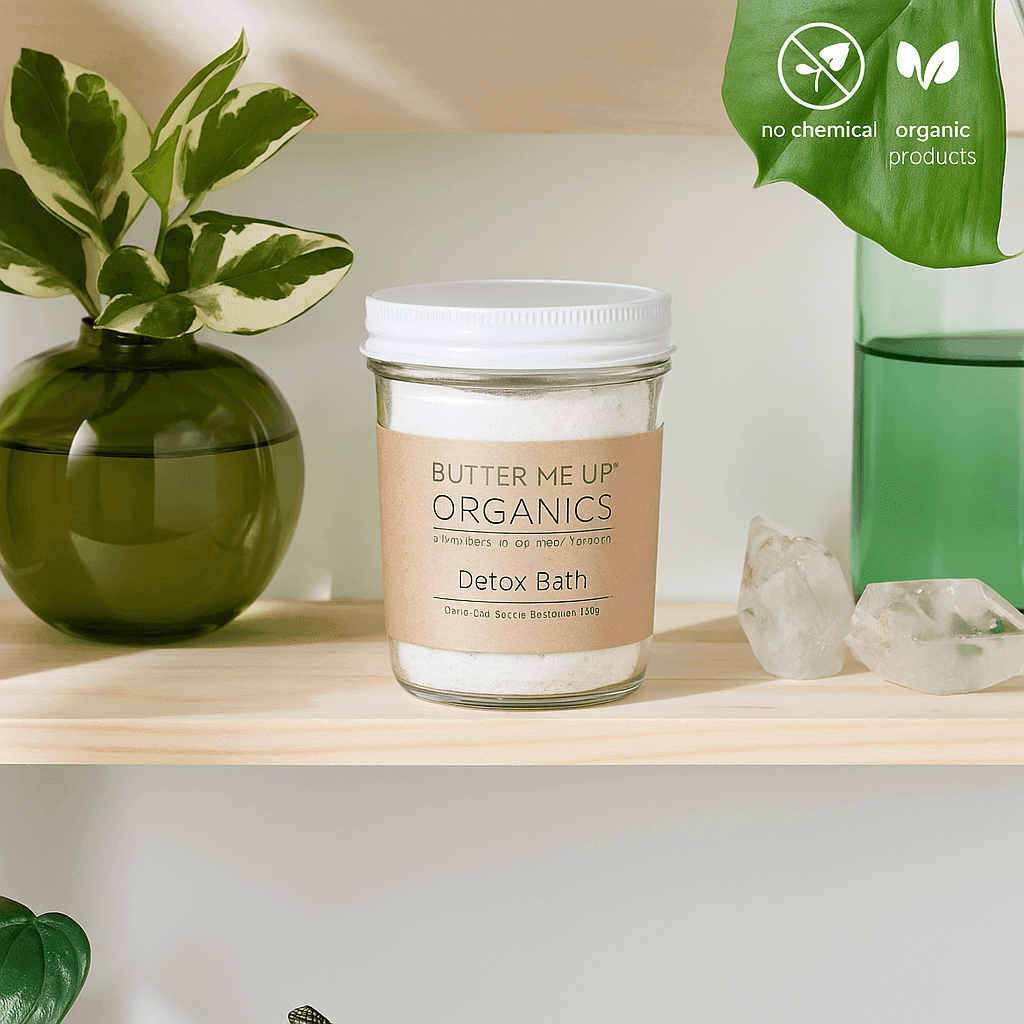Butter Me Up Organics Detox Bath jar on wooden shelf with green plants and crystals – natural bath soak with Epsom salt and clay