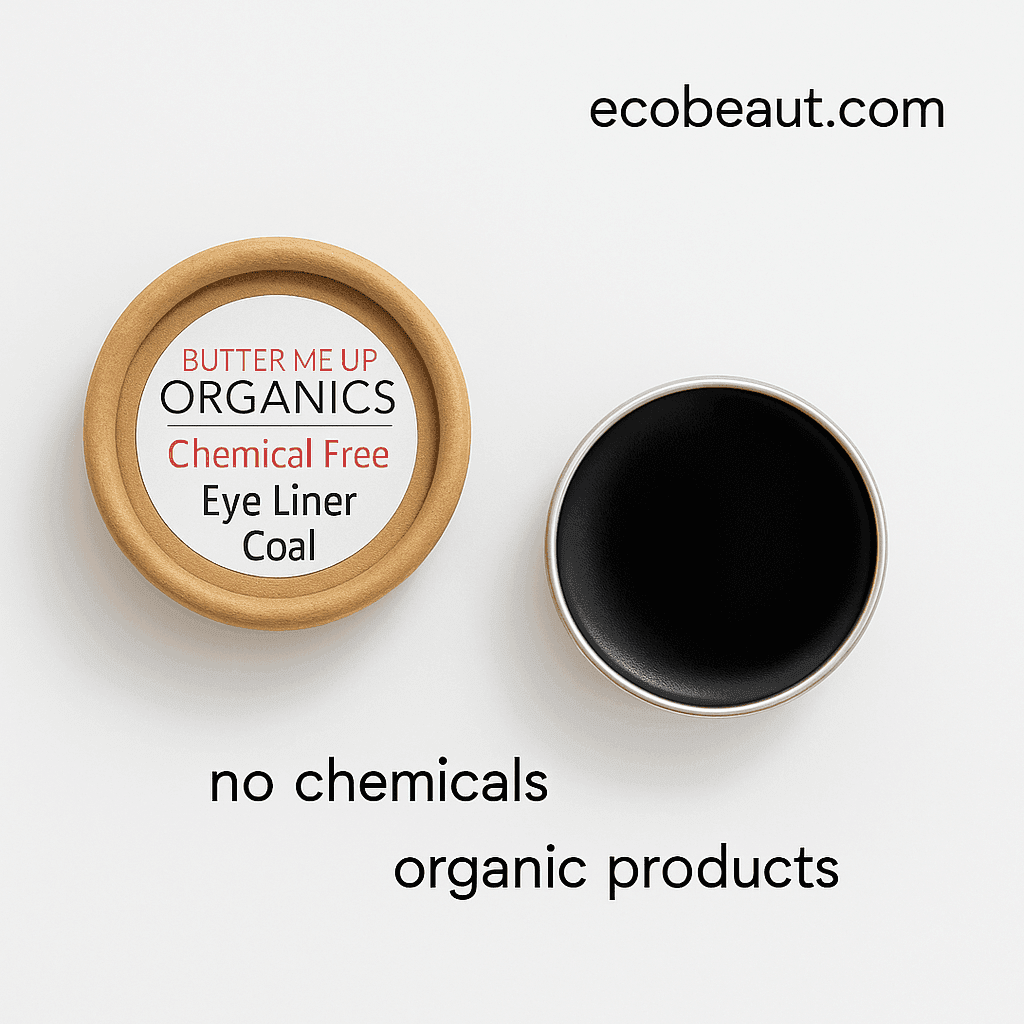 Butter Me Up Organics Eye Liner Coal displayed on a white background with eco-friendly packaging, marked with 'no chemicals' and 'organic products', and ecobeaut.com in the top right corner
