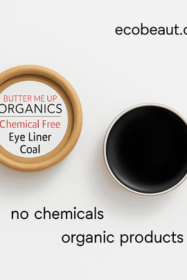 Butter Me Up Organics Eye Liner Coal displayed on a white background with eco-friendly packaging, marked with 'no chemicals' and 'organic products', and ecobeaut.com in the top right corner