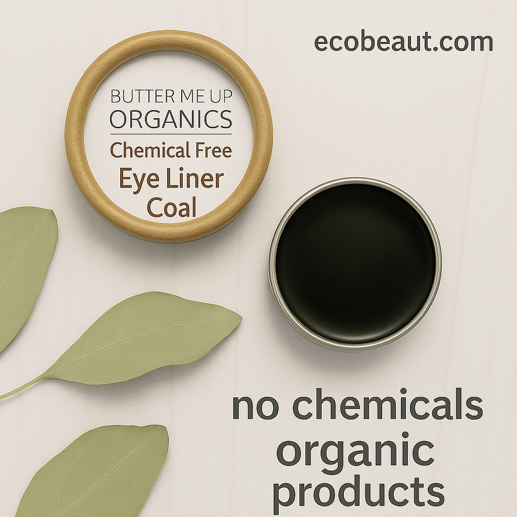 Butter Me Up Organics Eye Liner displayed on a natural textured background with added greenery, labeled 'no chemicals' and 'organic products', ecobeaut.com in the top right corner