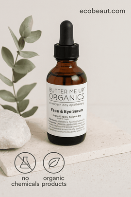 Butter Me Up Organics Face & Eye Serum – close-up of amber dropper bottle on neutral background, labeled no chemicals and organic products, ecobeaut.com









