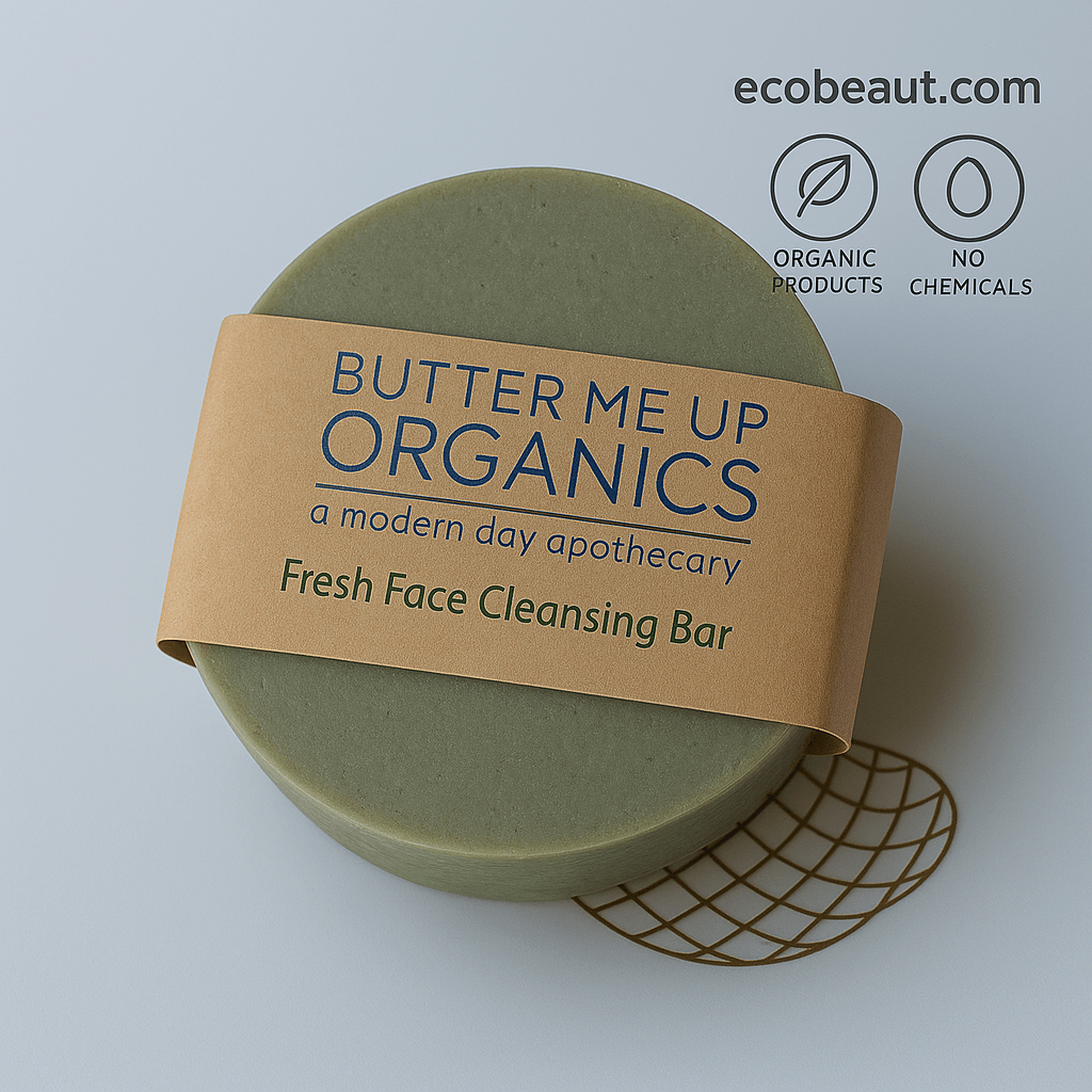 Butter Me Up Organics Fresh Face Cleansing Bar on a decorative plate, without any greenery, featuring ecobeaut.com, “ORGANIC PRODUCTS,” and “NO CHEMICALS” icons in the top right corner.