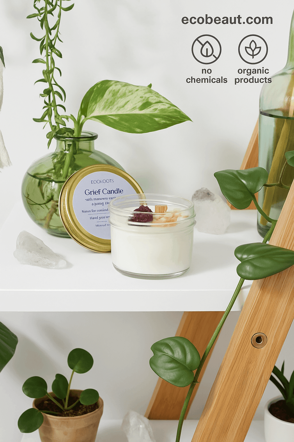 Glass candle with wooden wick on a white surface with plants and decorative items.