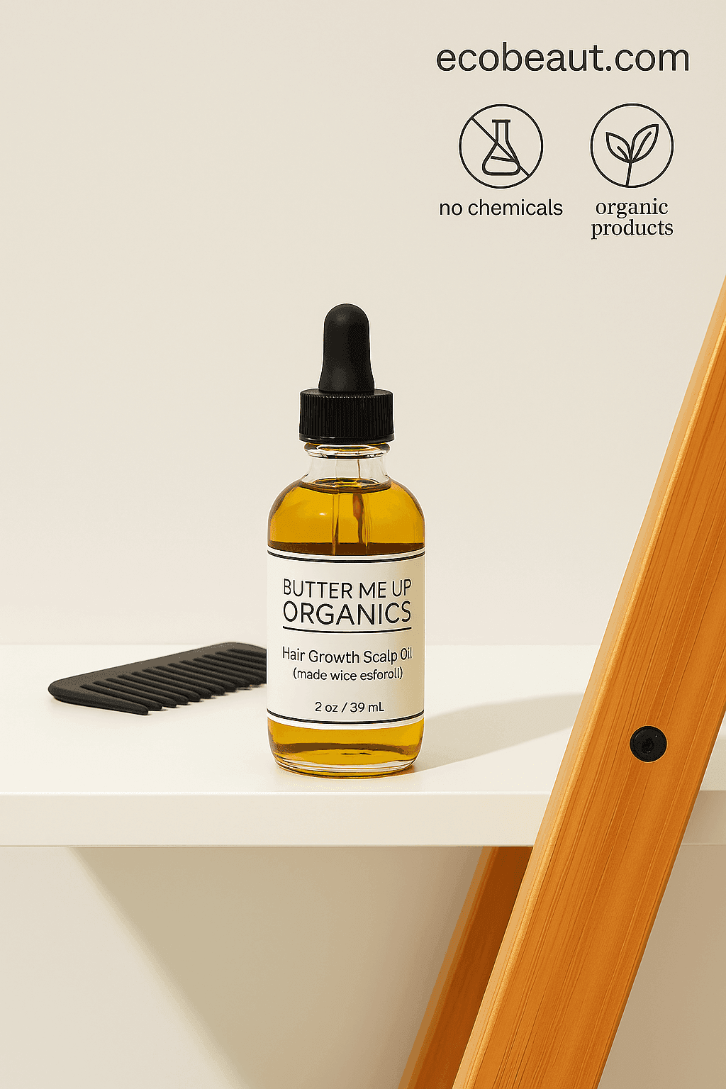 Butter Me Up Organics Hair Growth Scalp Oil bottle on a shelf with plain background, comb, bamboo detail, and ecobeaut.com with organic icons above.








