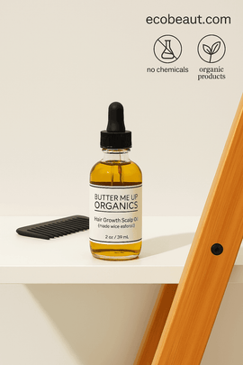 Butter Me Up Organics Hair Growth Scalp Oil bottle on a shelf with plain background, comb, bamboo detail, and ecobeaut.com with organic icons above.








