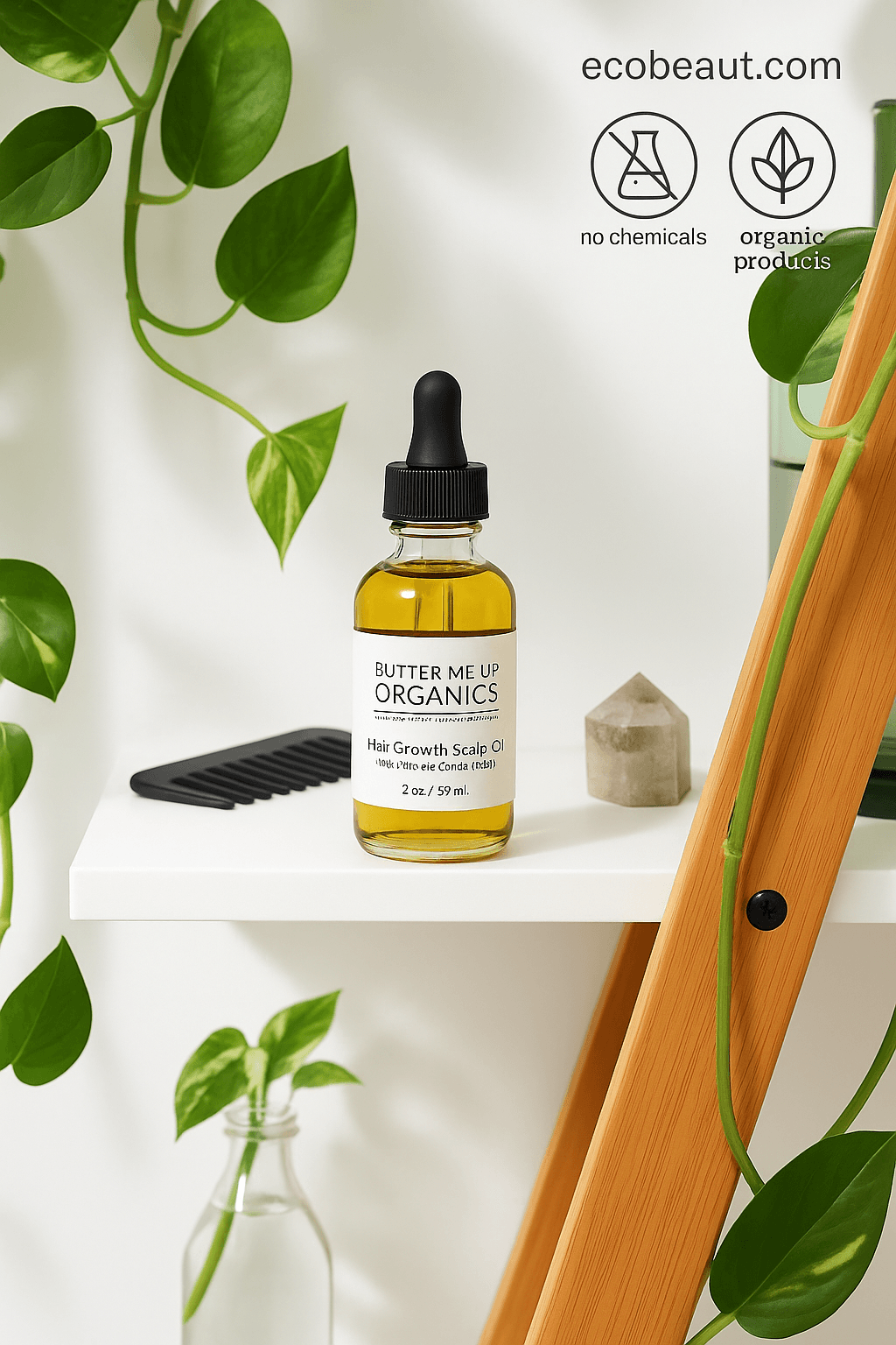 Butter Me Up Organics Hair Growth Scalp Oil on shelf with plants and comb, showing ecobeaut.com, no chemicals, and organic product icons in the top right.





