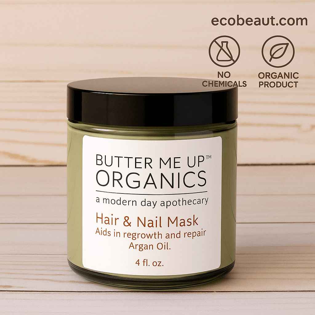 Butter Me Up Organics Hair & Nail Mask jar on a clean wooden surface with ecobeaut.com and organic product icons above.