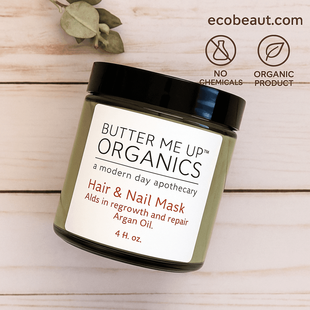 Butter Me Up Organics Hair & Nail Mask jar with label visible, placed on a light wood background with ecobeaut.com and organic icons.