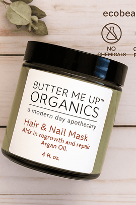 Butter Me Up Organics Hair & Nail Mask jar with label visible, placed on a light wood background with ecobeaut.com and organic icons.