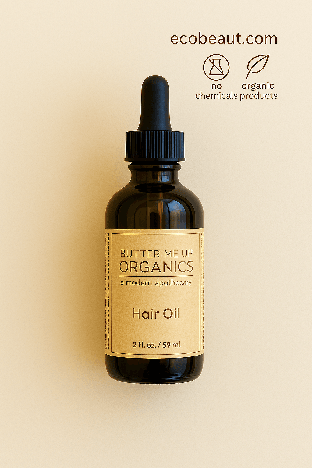 Butter Me Up Organics Hair Oil bottle on beige background with ecobeaut.com and organic certification icons.