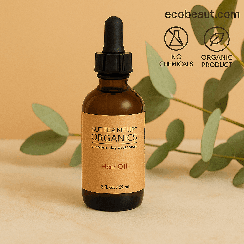 Butter Me Up Organics Hair Oil bottle on marble surface with eucalyptus leaves, ecobeaut.com, and organic icons above.





