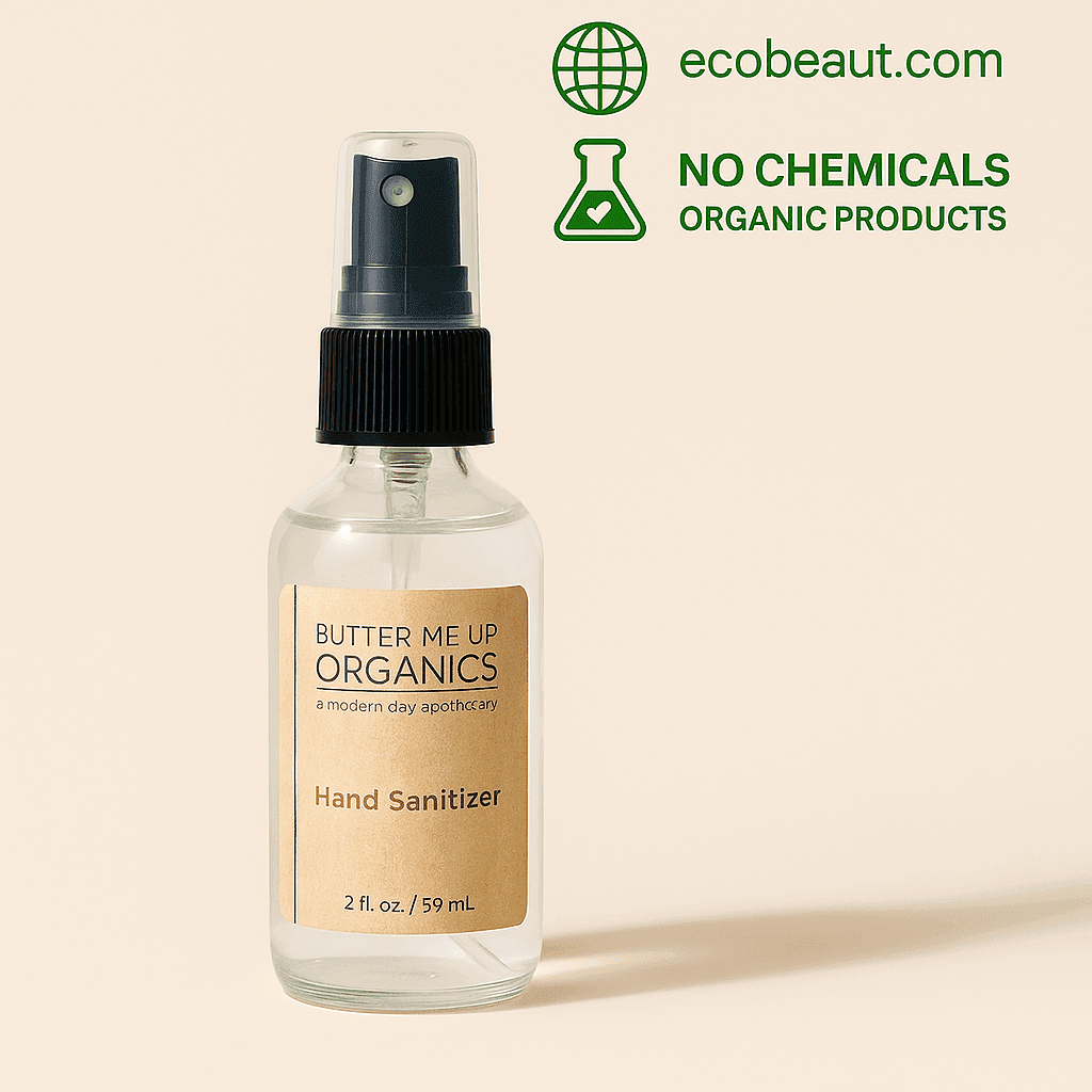 Butter Me Up Organics hand sanitizer bottle with 'ecobeaut.com' branding on a beige background