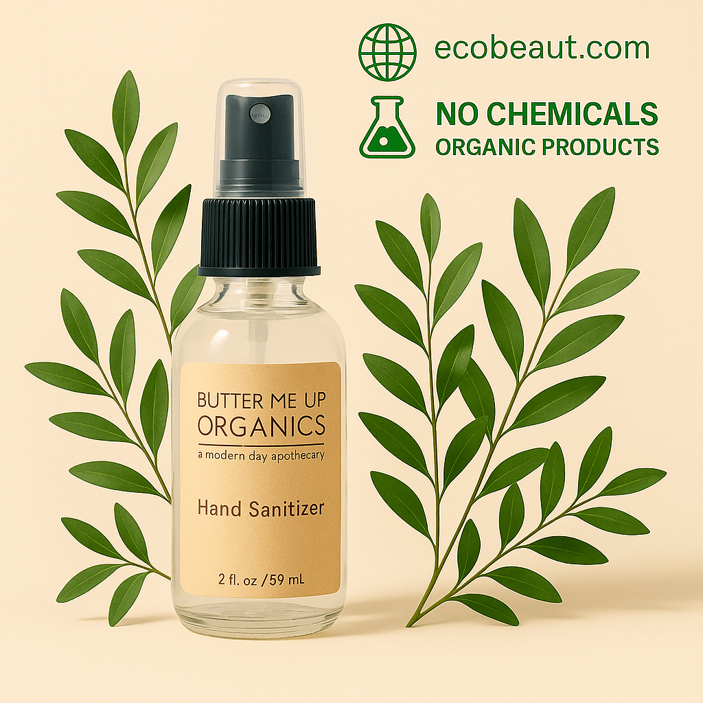 Butter Me Up Organics Hand Sanitizer in a 2 oz spray bottle, surrounded by green eucalyptus leaves on a beige background. Natural, organic, and chemical-free, featured with ecobeaut.com branding.
