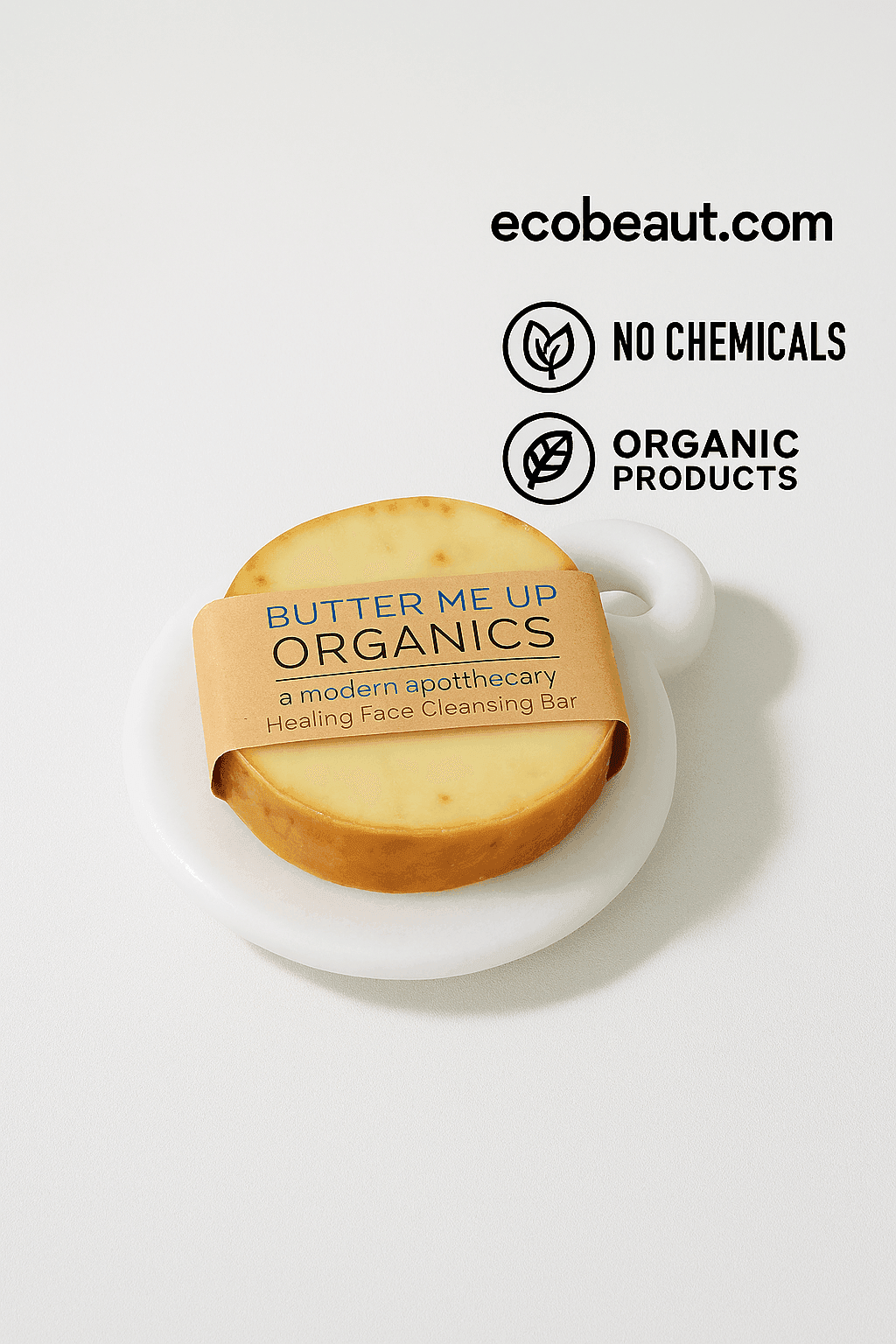  Butter Me Up Organics Healing Face Cleansing Bar on a white marble dish, set against a clean white background with ecobeaut.com, “NO CHEMICALS,” and “ORGANIC PRODUCTS” icons clearly displayed in the top right corner.