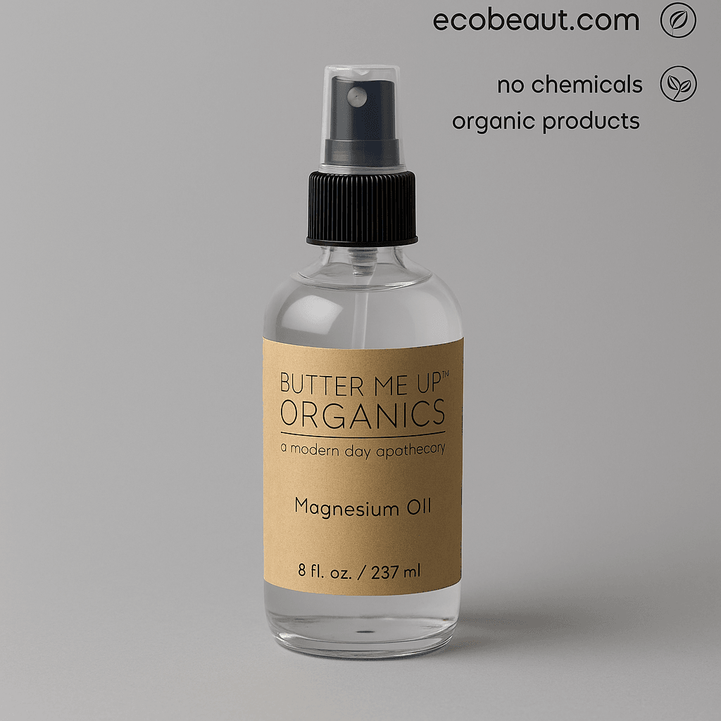 Butter Me Up Organics Magnesium Oil spray bottle displayed on a soft gray background with eco labels “no chemicals,” “organic products,” and ecobeaut.com in the top right corner.





