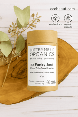 Butter Me Up Organics No Funky Junk Men's Talc-Free Powder displayed on a wooden tray with eucalyptus – organic body powder from ecobeaut.com